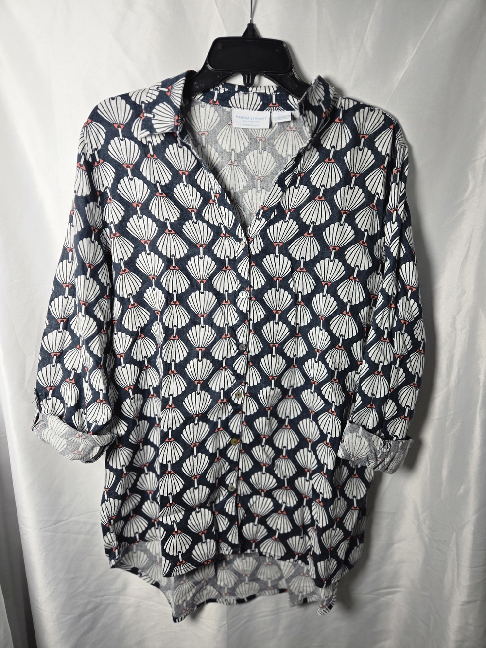 Martha Stewart Navy Shell-Print Linen Shirt with Pink Accents